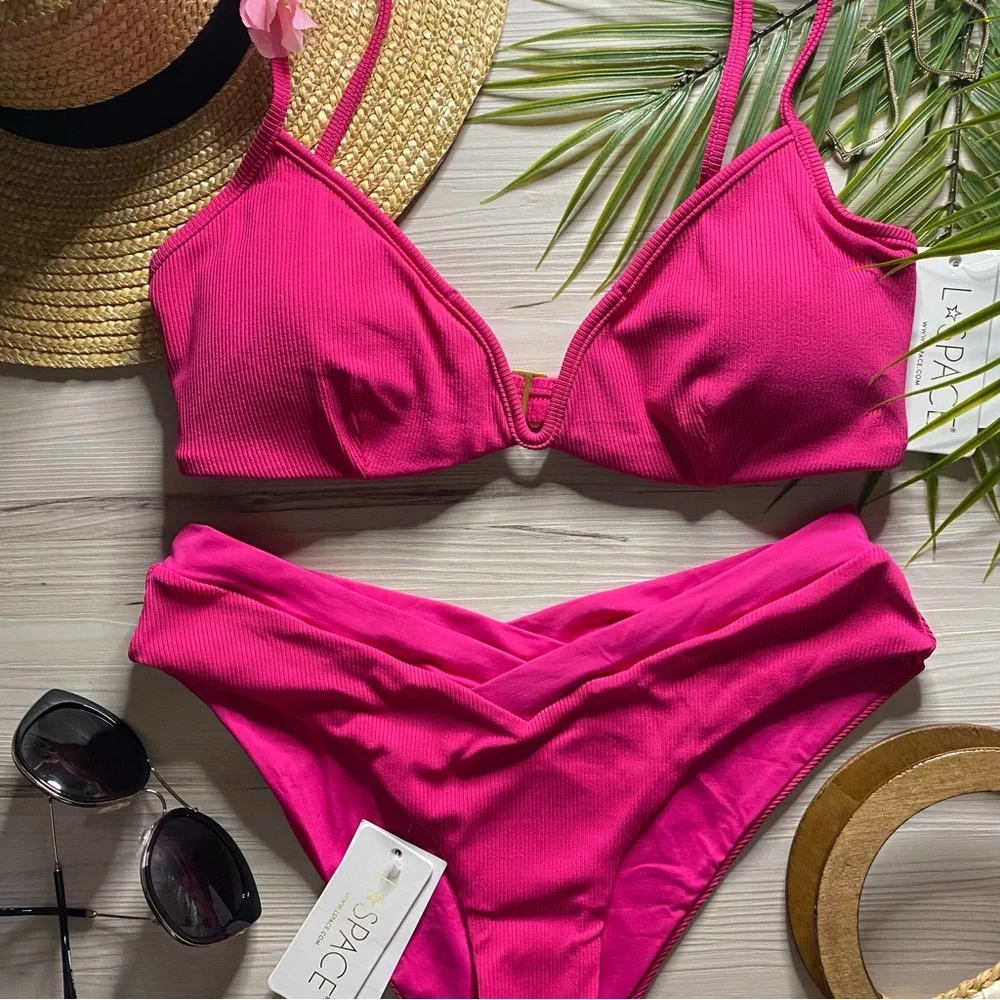 L*Space 🩷 Barbie Pink V-Neck Wire Helena Bikini Top | Cheeky Bottoms